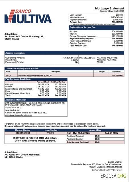 Modèle Word et PDF de relevé hypothécaire de la Banco Multiva au Mexique